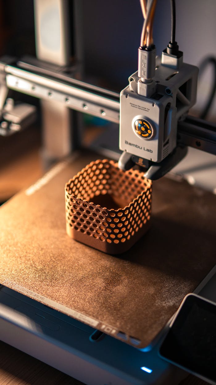 hero-img-01 Close-up of a 3D printer creating a hexagonal object in a dimly lit workspace.