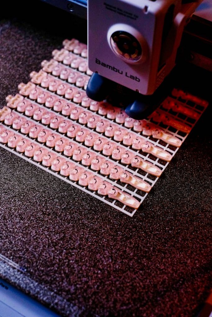 pexels photo 32313564 Close-up of a 3D printer creating intricate components on a textured surface.